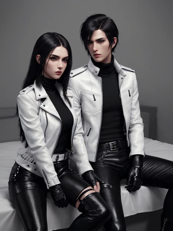Final Fantasy-style graphics, young, Cute and cool Japanese boys, Thin eyebrows and big eyes, He is wearing a shiny white single-breasted leather jacket..。Biker style leather jacket、 with epaulettes, The jacket is zipped up, The jacket pockets are black., The jacket has a high stand-up collar with a belt, Also wearing a black turtleneck, Black Leather Pants, Thin black leather gloves on both hands, Black leather knee-high lace-up boots, Show me your whole body from head to toe, Final Fantasy Style、((good looking))、((Clear eyes and nose))、((Shiny white single leather jacket))、((The jacket must be white))((The jacket has epaulettes))、((The jacket has a high stand-up collar and is belted.))、((The jacket has a black pocket))、((Black turtleneck shirt))、((Shiny black leather pantake sure to wear shiny black leather gloves on both hands))、((Black lace-up leather long boots))、((View a head-to-toe image in the distance))、Realistic image quality and texture、In a small cell、close your eyes、A kind smile、((The jacket is closed with a zipper))、((No exposed skin below the neck))、((The two of them are sitting close together on the bed))