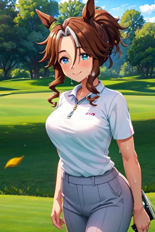 (High quality, High resolution, Fine details), Realistic, Mejiro Palmer \(umamusume\), woman, golf player, garden, green grass,sporty, athletic physique, confident expression, professional golfer, elegant pose, fashionable outfit, sunlight, leaves rustling in the wind, leisurely atmosphere, scenic beauty, summer morning, solo, curvy women, sparkling eyes, (Detailed eyes), (smile), blush, (Sweat), (Oily skin), shallow depth of field