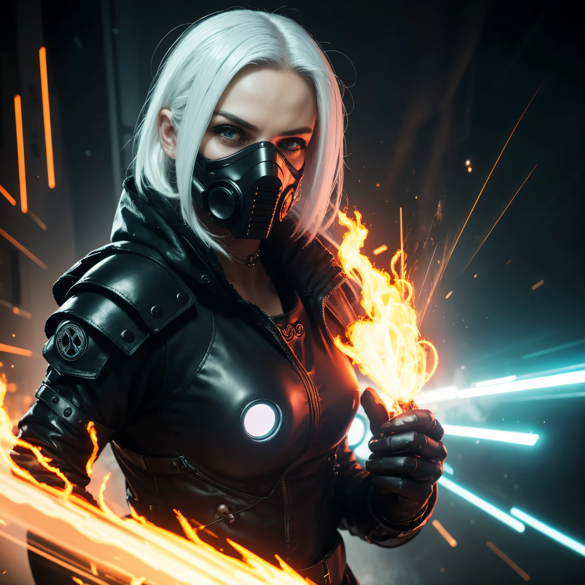 ((Realistisch, best quality, Meisterwerk: 1.3)),  cyberpunk woman with cyberpunk mask, cyber suit, close up face, white hair, gasmask, dark atmosphere, cyberpunk city background, movie poster, cd cover, cinematic view, inferno, fire, sparks, smoke, upper body, dark, apokalypse, hell, explosions, album cover look, neon lights light effects, 