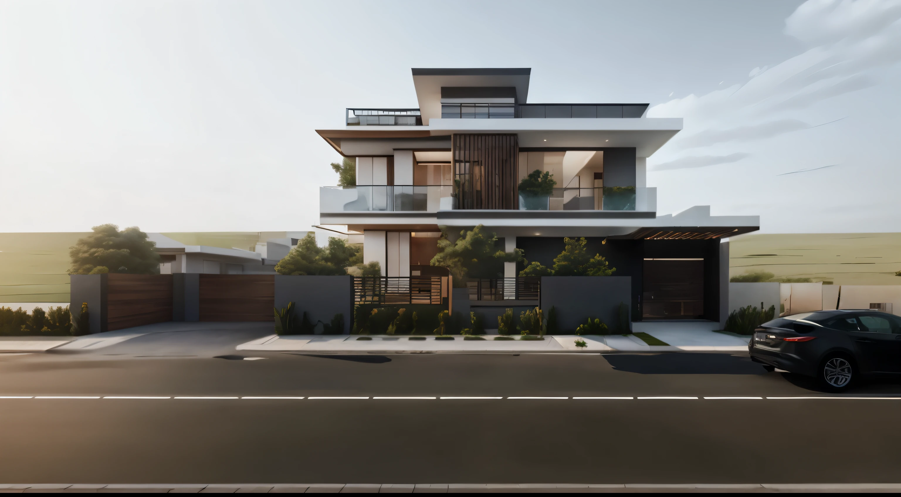 rendering of a modern house with a car parked in front, complete house, exterior design, concept house, lumion render, lumion rendering, cg rendering, professional render, rendered in lumion pro, high quality rendering, 3/4 view realistic, realistic render, contemporary house, highly rendered!!, modern house, fully detailed render, realistic 3 d style, frontview