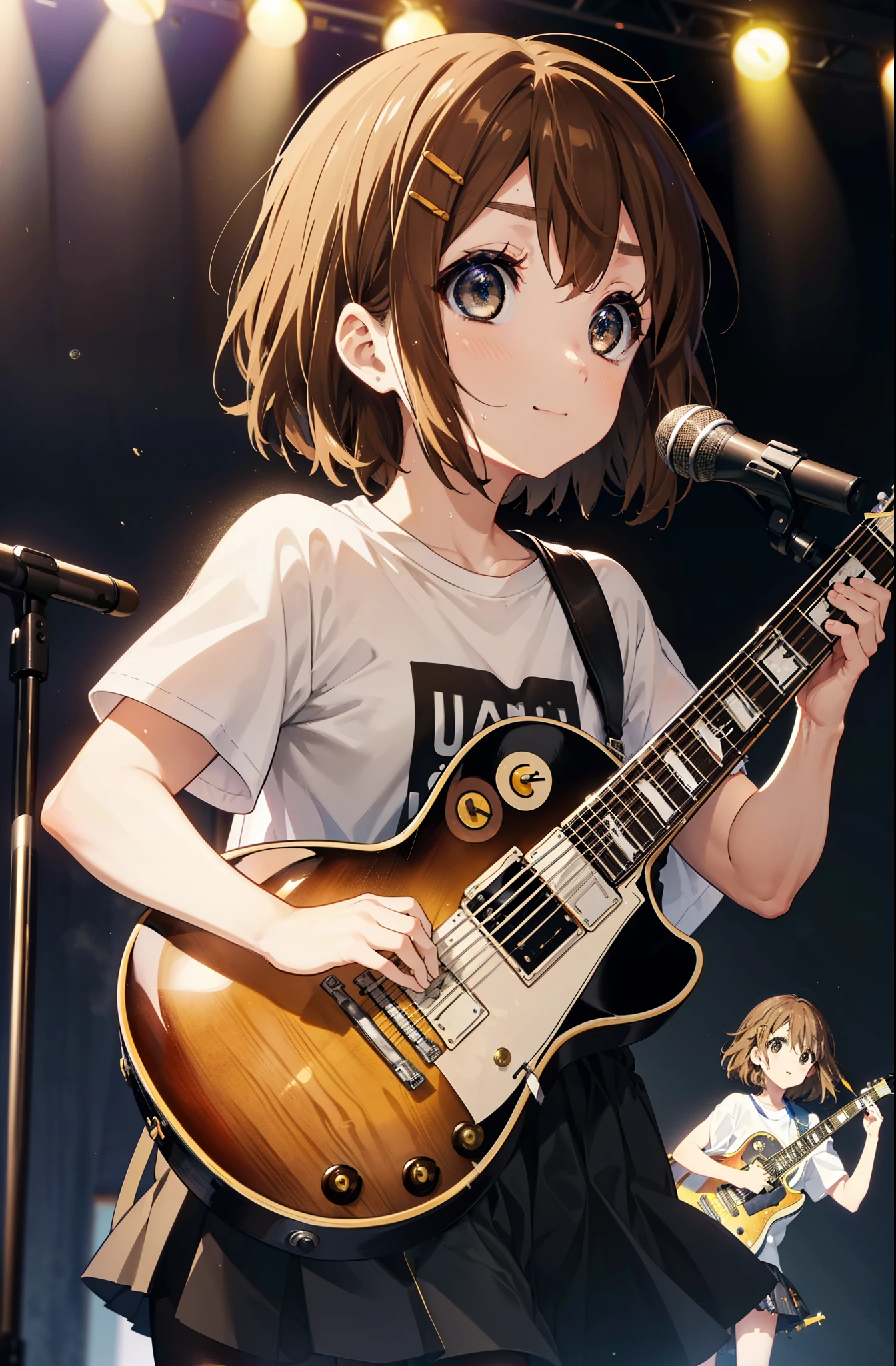 yuihirasawa, Yui Hirasawa, short hair, Brown Hair, hair ornaments, (Brown eyes:1.5),smile,Mouth wide open,Sweat,Wet clothes,Wet Skin,black print t shirt, Black pleated skirt,Black pantyhose,Brown loafers,Hair Clip,guitar(Gibson　Les Paul)flip,stage,Singing with your mouth open,So that the whole body goes into the illustration,
break indoors, live house、
break looking at viewer, (Cowboy Shot:1.5),
break (masterpiece:1.2), highest quality, High resolution, unity 8k wallpaper, (shape:0.8), (Fine and beautiful eyes:1.6), Highly detailed face, Perfect lighting, Highly detailed CG, (Perfect hands, Perfect Anatomy),