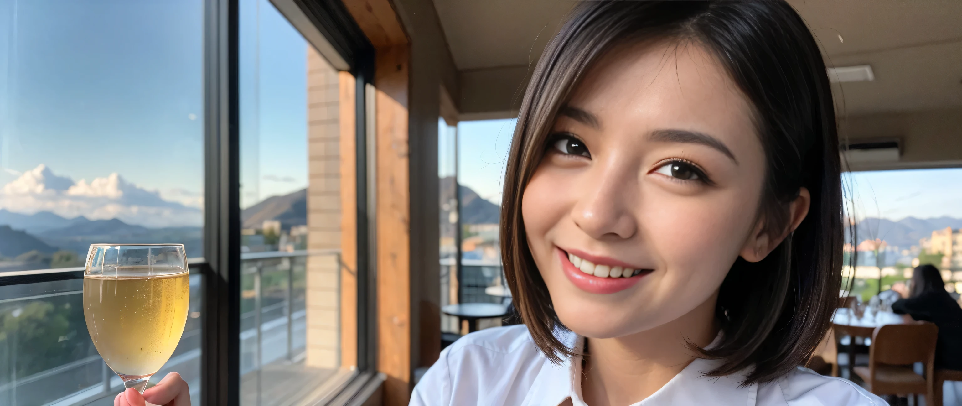 ((highest quality、8k、masterpiece:1.3))、Sharp focus:1.2、Beautiful woman perfect body:1.4、Slim body、((Bob Hale、Straight hair:1.2))、(to be born, highest quality, masterpiece:1.5), (Realistic, Intricate details:1.2), Ultra-high resolution, Shine light on your face、Spectacular view of the sunset sky and clouds、Amazing mountain views、A bright smile、wine glass、red wine 、Appetizer、Italian food、Wine bottle、Champagne、sparkling wine、, Beautiful Face, blue eyes, The light shines on your face, Blushing, short hair,Bright Face、Fox face、 (Age 37), 40 years old, Lady、Two beauties、Brown Hair、Shortcuts、Long sleeve shirt、dress、Pretty Woman 1, (slim face), (The body is slim), (Brown Hair), (Shortcuts), cheeks turn a little red,Attractive beauty、, Out of the window, A beautiful and detailed night view unfolds.........., restaurant, In a prominent place (From the waist up) Nova Frog Style, actress, model, Upper Body, White wine, slim, wine glass, A wine glass placed in the middle, smile, (smile: 1.15), Beautiful fine grain, Depth f/2,saturation, High Contrast, Strong light and shadow,Moist Body:1.5、3D texture、Delicate eyes、Brown Hair、The hair is very shiny、