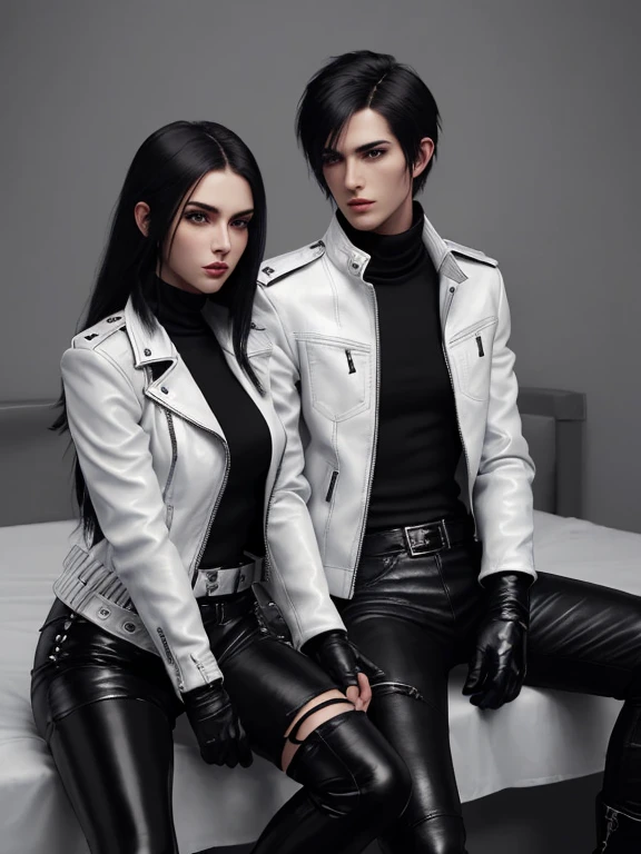Final Fantasy-style graphics, young, Cute and cool Japanese boys, Thin eyebrows and big eyes, He is wearing a shiny white single-breasted leather jacket..。Biker style leather jacket、 with epaulettes, The jacket is zipped up, The jacket pockets are black., The jacket has a high stand-up collar with a belt, Also wearing a black turtleneck, Black Leather Pants, Thin black leather gloves on both hands, Black leather knee-high lace-up boots, Show me your whole body from head to toe, Final Fantasy Style、((good looking))、((Clear eyes and nose))、((Shiny white single leather jacket))、((The jacket must be white))((The jacket has epaulettes))、((The jacket has a high stand-up collar and is belted.))、((The jacket has a black pocket))、((Black turtleneck shirt))、((Shiny black leather pantake sure to wear shiny black leather gloves on both hands))、((Black lace-up leather long boots))、((View a head-to-toe image in the distance))、Realistic image quality and texture、In a small cell、close your eyes、A kind smile、((The jacket is closed with a zipper))、((No exposed skin below the neck))、((The two of them are sitting close together on the bed))