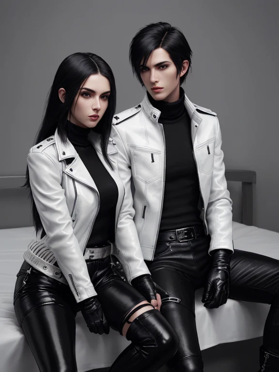 Final Fantasy-style graphics, young, Cute and cool Japanese boys, Thin eyebrows and big eyes, He is wearing a shiny white single-breasted leather jacket..。Biker style leather jacket、 with epaulettes, The jacket is zipped up, The jacket pockets are black., The jacket has a high stand-up collar with a belt, Also wearing a black turtleneck, Black Leather Pants, Thin black leather gloves on both hands, Black leather knee-high lace-up boots, Show me your whole body from head to toe, Final Fantasy Style、((good looking))、((Clear eyes and nose))、((Shiny white single leather jacket))、((The jacket must be white))((The jacket has epaulettes))、((The jacket has a high stand-up collar and is belted.))、((The jacket has a black pocket))、((Black turtleneck shirt))、((Shiny black leather pantake sure to wear shiny black leather gloves on both hands))、((Black lace-up leather long boots))、((View a head-to-toe image in the distance))、Realistic image quality and texture、In a small cell、close your eyes、A kind smile、((The jacket is closed with a zipper))、((No exposed skin below the neck))、((The two of them are sitting close together on the bed))