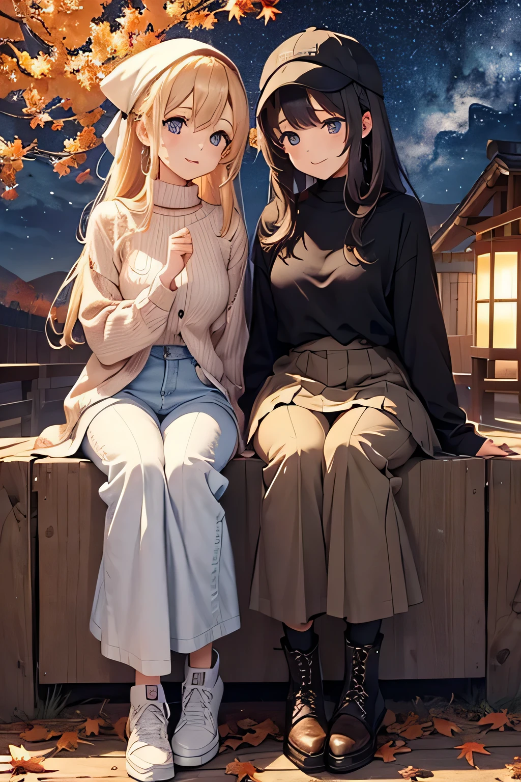 highest quality、High resolution、Detailed Background、Beautiful face in every detail、Anatomically correct、(Draw a normal number of fingers:1.2)、Detailed facial expressions、age beauty、Huge breasts、Perfect body line、cute hair color、cute hairstyle、Romantic and cute atmosphere、cute mood、Cowboy Shot、
(Two beautiful girls enjoying the starry sky spreading out in the autumn night sky:1.5)、
Stargazing on a picnic date、Hold hands with the night sky in the background, search for constellations and enjoy a romantic meal under the starry sky、
Rooftop or rooftop dates、Spend time holding hands and exchanging sweet words and smiles while looking up at the stars together、
Camp Date、Look at the stars and make a wish in the stars while lying down together in a tent、
You can also deepen your distance from each other while searching for constellations and talking about stars、
Take pictures with your partner or friends with the starry sky in the background or point at the stars and take pictures with a smile、
It is a style that combines boots and pumps with a feminine dress decorated with lace and frills、If you choose a dress with an autumn-like color or floral pattern, it will give off a sense of the season and stand out for its cuteness、
It is a style of layering a shirt or cardigan over a t-shirt or turtleneck、
Pair it with sneakers or boots for a casual and stylish look、
It's a style that pairs a loose, oversized knit with skinny pants or leggings、You can create an autumn-like look by choosing boots or loafers for your feet、
It's a bohemian style that combines a maxi skirt or wide pants with a blouse or cardigan、If you show off your personality with flat sandals or boots as an accessory, this style is perfect for fall nights、
It's a casual style that pairs sweatpants or a sweat dress with sneakers or ankle boots、Pair it with a voluminous hairstyle or cap for a trendy and cute impression、
It is a style that incorporates leather jackets and leather skirts、Pair it with a simple top or knit and pair it with boots or sneakers for an edgy style on fall nights、
It is a style that combines a pleated skirt with a simple top or knit、belts and tights、Pair it with ballet shoes and boots to create a cute and moderately mature look、
It is a style of pairing a skirt with an embroidered blouse or jacket、Pair it with loafers and boots for a slightly classic and cute vibe、
It is a style that combines a knitted vest with a long-sleeved top or shirt and a skirt、Pair it with ankle boots or sneakers, or accentuate a scarf or hat for a perfect style for fall nights、cute