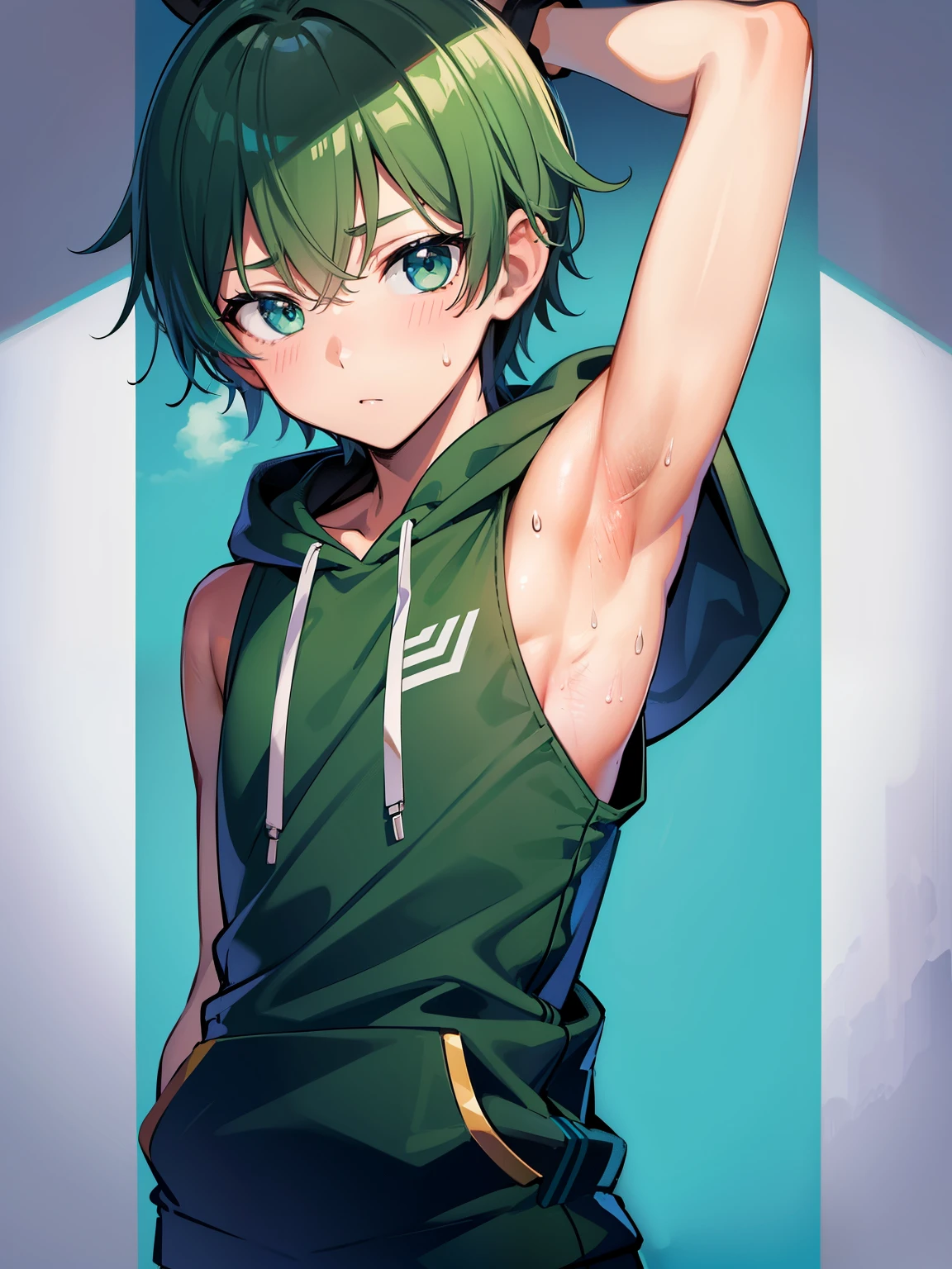 Highres, Masterpiece, Best quality at best,Best Quality,hight quality, hight detailed, 1boy, Shota, Green hoodie with cyan stripes, Wearing headset, The hoodie is sleeveless and has an open zipper, (very small and short stature), (very young boy), (very small and short body), s, (Showing armpit:1.4), School, Sweat