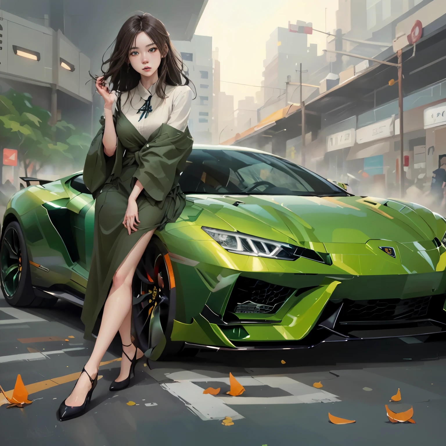 a close up of a woman sitting on a green sports car, g liulian art style, bold lamborghini style, stunning art style, trending on cgstation, style digital painting, trending on artstration, striking detailed artstyle, miura kentaro style, exquisite digital illustration, in style of digital illustration, realistic artstyle, fantastic artstyle
