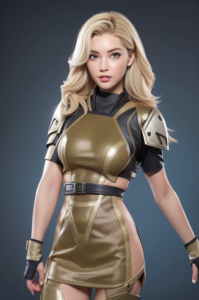 Beautiful Face Woman、a blond、Gray camouflage pattern background、 Beautuful Women、18year old、prety woman、hyper realistic photography、High-definition photos、red lipsticks、Mandalorian style miniskirt suit in metal armor、The skin is not very exposed、Do not cut your head off the screen、Camouflage skirt、Facing the front、
