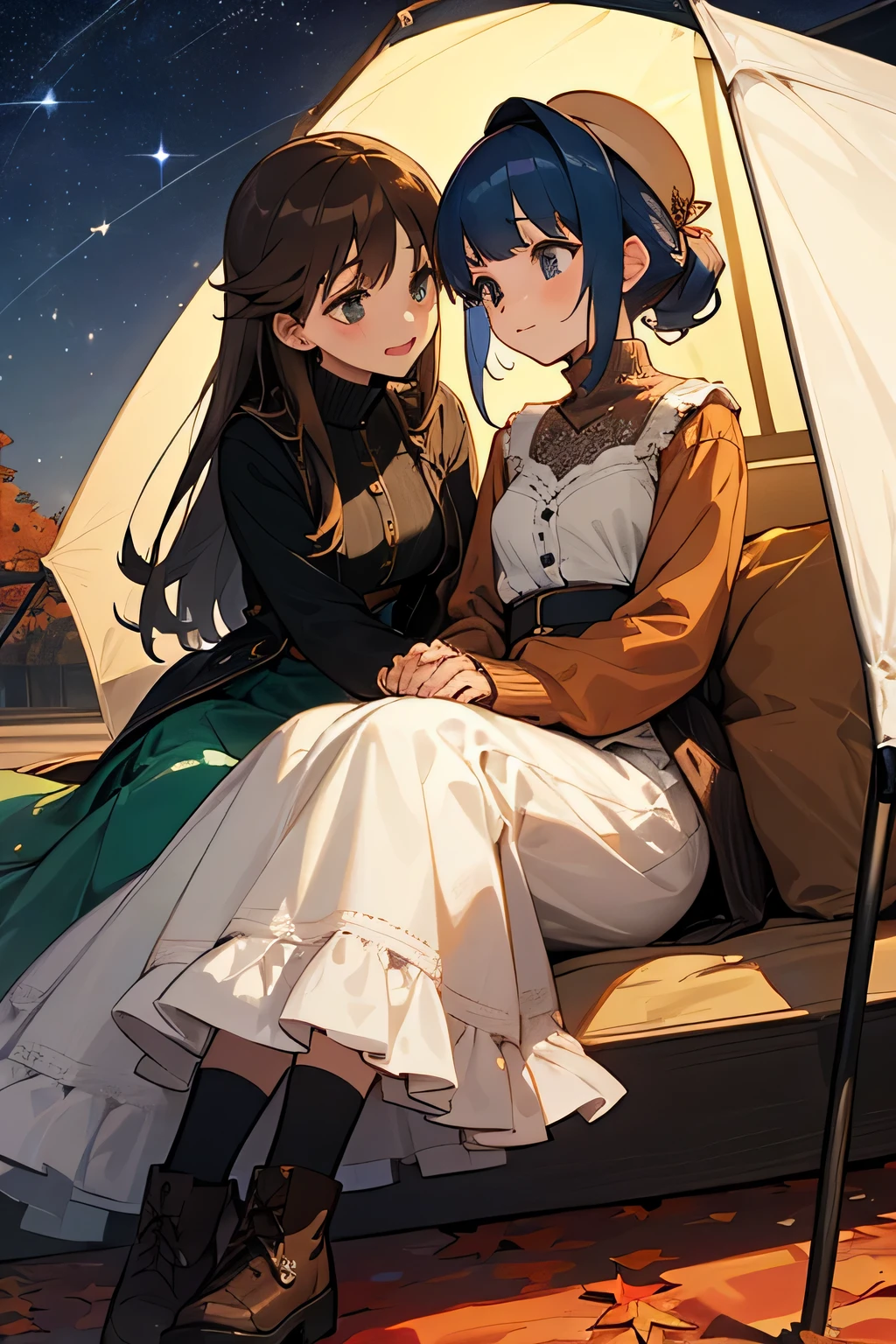 highest quality、High resolution、Detailed Background、Beautiful face in every detail、Anatomically correct、(Draw a normal number of fingers:1.2)、Detailed facial expressions、Teenage beauty、Huge breasts、Perfect body line、cute hair color、cute hairstyle、Romantic and cute atmosphere、cute mood、Cowboy Shot、

(Two beautiful girls enjoying the starry sky spreading out in the autumn night sky:1.5)、

Stargazing on a picnic date、Hold hands with the night sky in the background, search for constellations and enjoy a romantic meal under the starry sky、
Rooftop or rooftop dates、Spend time holding hands and exchanging sweet words and smiles while looking up at the stars together、
Camp Date、Look at the stars and make a wish in the stars while lying down together in a tent、
You can also deepen your distance from each other while searching for constellations and talking about stars、
Take pictures with your partner or friends with the starry sky in the background or point at the stars and take pictures with a smile、

It is a style that combines boots and pumps with a feminine dress decorated with lace and frills、If you choose a dress with an autumn-like color or floral pattern, it will give off a sense of the season and stand out for its cuteness、
It is a style of layering a shirt or cardigan over a t-shirt or turtleneck、
Pair it with sneakers or boots for a casual and stylish look、
It's a style that pairs a loose, oversized knit with skinny pants or leggings、You can create an autumn-like look by choosing boots or loafers for your feet、
It's a bohemian style that combines a maxi skirt or wide pants with a blouse or cardigan、If you show off your personality with flat sandals or boots as an accessory, this style is perfect for fall nights、
It's a casual style that pairs sweatpants or a sweat dress with sneakers or ankle boots、Pair it with a voluminous hairstyle or cap for a trendy and cute impression、
It is a style that incorporates leather jackets and leather skirts、Pair it with a simple top or knit and pair it with boots or sneakers for an edgy style on fall nights、
It is a style that combines a pleated skirt with a simple top or knit、belts and tights、Pair it with ballet shoes and boots to create a cute and moderately mature look、
It is a style of pairing a skirt with an embroidered blouse or jacket、Pair it with loafers and boots for a slightly classic and cute vibe、
It is a style that combines a knitted vest with a long-sleeved top or shirt and a skirt、Pair it with ankle boots or sneakers, or accentuate a scarf or hat for a perfect style for fall nights、cute