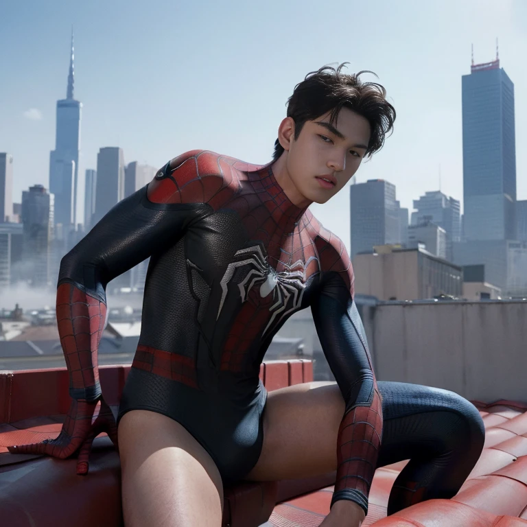 (1 boy:1.3), Solo, (((Very detailed face)))), ((Very detailed eyes and face)))), Beautiful detail eyes, Body parts__, Official art, Unified 8k wallpaper, Super detailed, handsome boy, masterpiece, best quality, original, masterpiece, super fine photo, best quality, super high resolution, realistic realism, sunlight, full body portrait, amazing , dynamic pose, delicate face, vibrant eyes, (from the front), ((wears sexy Spider-Man leotard)), red and black color scheme, spider, very detailed city roof background, rooftop, overlooking the city, detailed face, detailed complex busy background, messy, gorgeous, highly detailed skin, realistic skin details, visible pores, clear focus, volumetric fog, 8k uhd, DSLR, high quality, film grain, fair skin, photo realism, lomography, futuristic dystopian megalopolis, translucent, full length shot (fls). , ((sexy , thick thighs , NSFW , (only male) , (only boy), handsome Korean boy ， exposed sexy body ,bare thighs)) , micro thong