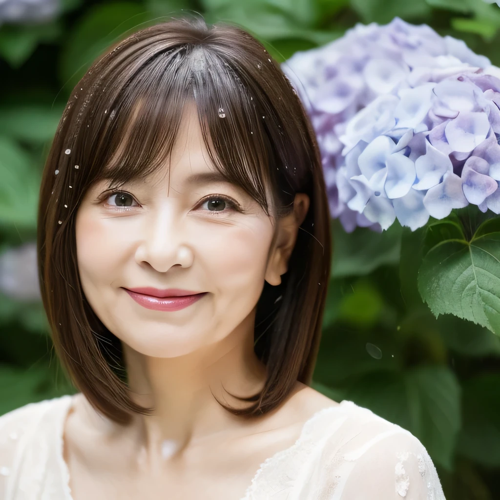 Upper Body Personal woman 50 years old Has bangs tidy bob hair Brown Hair beautiful hair shiny hair Japan rainy season short hair Water droplets on the hair Heavy Rain downpour (It rained and I got wet, Raindrops, Wet body :1.2) It's raining outside( sharpen ), (Purelos Face_v1:0.7), (8K, highest quality), Unconscious, Open Eyes, High resolution, original, (Flat Color:0.9),(masterpiece:1,2), highest quality, masterpiece, High resolution, original, Highly detailed wallpaper, Viewer Perspective, alone, Portrait, Mature Woman Body Set, A slight smile, While staring at this,Natural wrinkles, Wrinkles around the eyes, Surreal, Natural Skin, Natural Hair Color, Bright red lips, hydrangeas in bloom