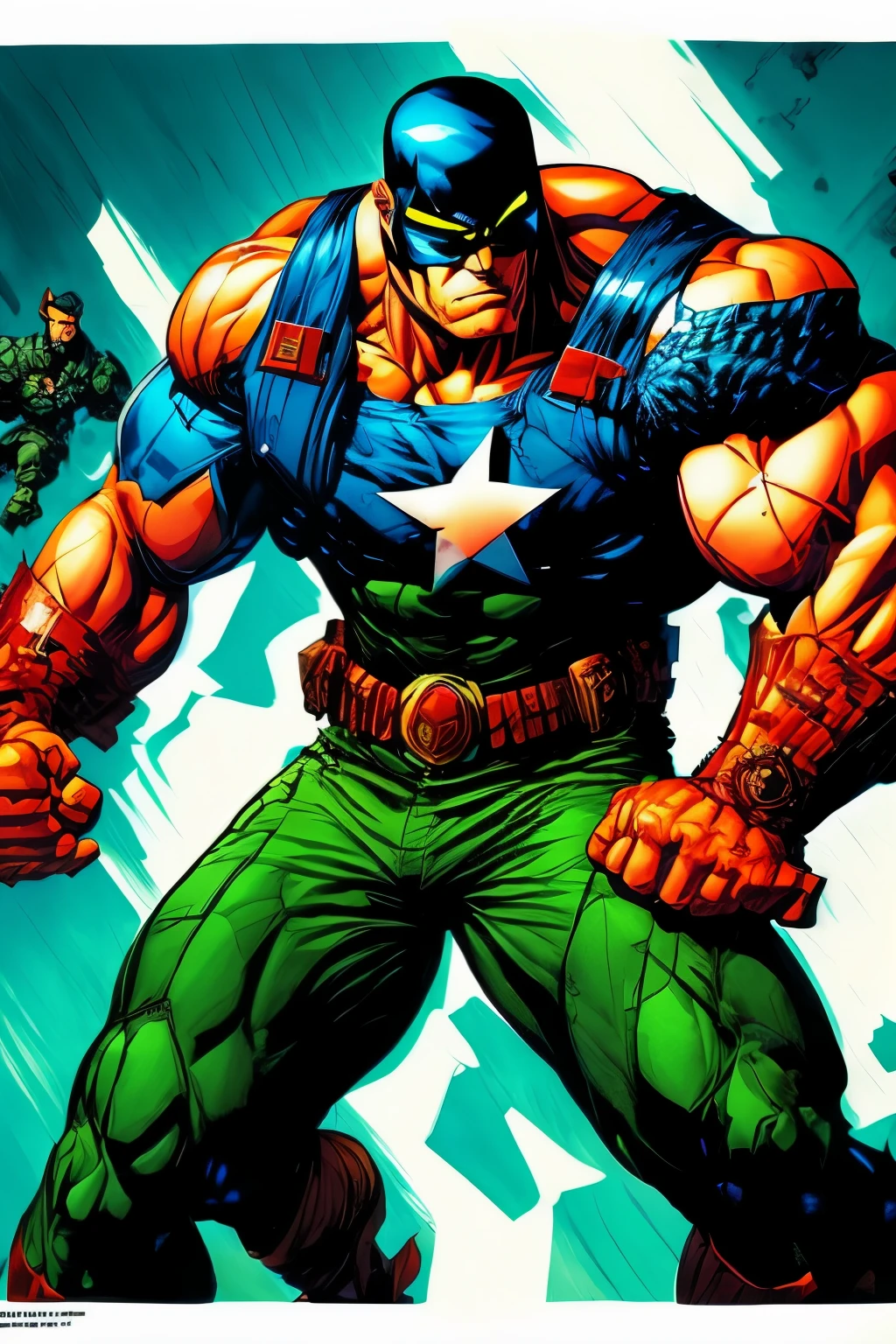 In the realm of comic book heroes, a soldier emerges, cast in the stylistic hues of dark azure and green. The explosive pigmentation of his uniform creates a striking contrast against the grim backdrop. The artist's brush strokes mimic the vivid textures of an Xbox 360 graphic novel, with intricate details that echo the mastery of Joe Madureira. The soldier's determined expression and steely gaze convey a sense of resilience and grit, reminiscent of the iconic art style of David Normans' comic book illustrations. This dynamic pose, captured as an Associated Press photo, encapsulates the intensity and energy that defines this comic book Character