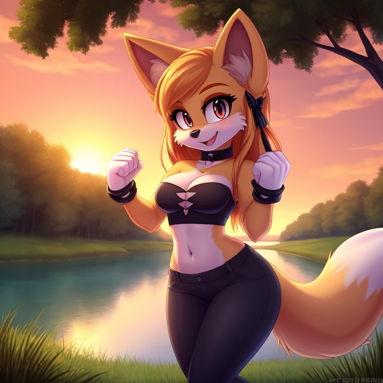 masterpiece, best quality, ultra-detailed, cinematic lighting, beautiful lighting, detailed background, detailed iris, detailed eyes, shading, intricate details, ((sharp, dynamic pose, expressive eyes)), ((4k)), ((2d, 2d art)), digital art, solo, outdoors, 1girl, smile, animal ear fluff, navel, hairband, open mouth, strapless crop top, long hair, animal ears, breasts, cleavage, tree, furry, blush, clothing cutout, fox girl, orange hair, hands up, bangs, cowboy shot, pants, white gloves, animal nose, gloves, fox ears, nature, standing, furry female, happy, water, sunset, looking at viewer, orange fur, forest, ribbon, black pants, black hairband, clenched hands, sky, tail, hair ribbon, fang, midriff, black ribbon, medium breasts, cleavage, fox tail, very long hair, orange eyes, stomach, heart, body fur, river, :3, sidelocks, white fur, shiny, lake, grass, small breasts, cleavage, scenery, fur trim, blonde hair