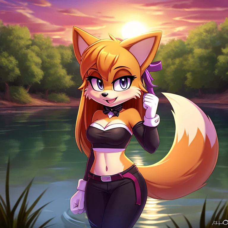 masterpiece, best quality, ultra-detailed, cinematic lighting, beautiful lighting, detailed background, detailed iris, detailed eyes, shading, intricate details, ((sharp, dynamic pose, expressive eyes)), ((4k)), ((2d, 2d art)), digital art, solo, outdoors, 1girl, smile, animal ear fluff, navel, hairband, open mouth, strapless crop top, long hair, animal ears, breasts, cleavage, tree, furry, blush, clothing cutout, fox girl, orange hair, hands up, bangs, cowboy shot, pants, white gloves, animal nose, gloves, fox ears, nature, standing, furry female, happy, water, sunset, looking at viewer, orange fur, forest, ribbon, black pants, black hairband, clenched hands, sky, tail, hair ribbon, fang, midriff, black ribbon, medium breasts, cleavage, fox tail, very long hair, orange eyes, stomach, heart, body fur, river, :3, sidelocks, white fur, shiny, lake, grass, small breasts, cleavage, scenery, fur trim, blonde hair