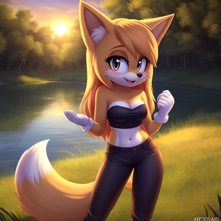 masterpiece, best quality, ultra-detailed, cinematic lighting, beautiful lighting, detailed background, detailed iris, detailed eyes, shading, intricate details, ((sharp, dynamic pose, expressive eyes)), ((4k)), ((2d, 2d art)), digital art, solo, outdoors, 1girl, smile, animal ear fluff, navel, hairband, open mouth, strapless crop top, long hair, animal ears, breasts, cleavage, tree, furry, blush, clothing cutout, fox girl, orange hair, hands up, bangs, cowboy shot, pants, white gloves, animal nose, gloves, fox ears, nature, standing, furry female, happy, water, sunset, looking at viewer, orange fur, forest, ribbon, black pants, black hairband, clenched hands, sky, tail, hair ribbon, fang, midriff, black ribbon, medium breasts, cleavage, fox tail, very long hair, orange eyes, stomach, heart, body fur, river, :3, sidelocks, white fur, shiny, lake, grass, small breasts, cleavage, scenery, fur trim, blonde hair