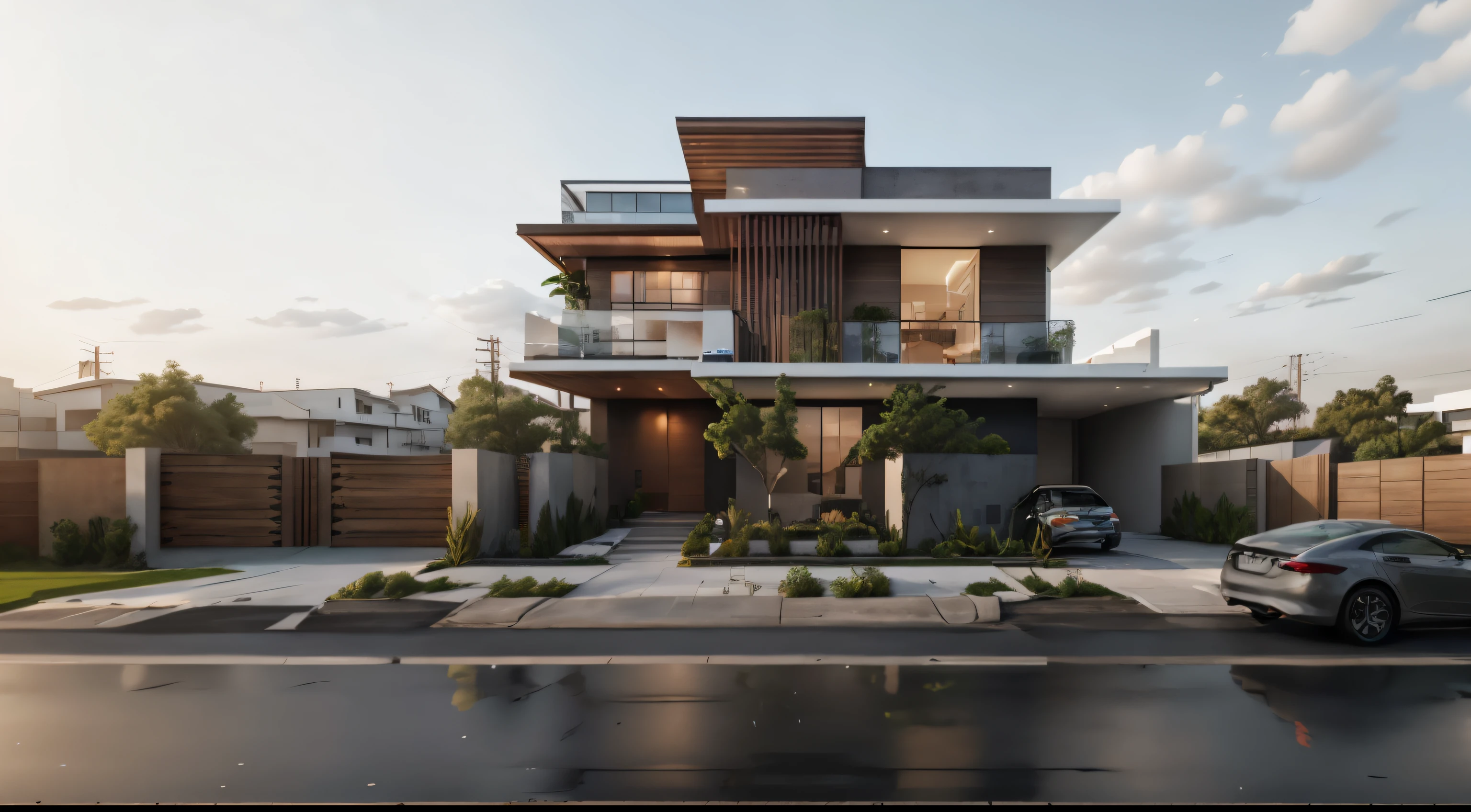 rendering of a modern house with a car parked in front, complete house, exterior design, concept house, lumion render, lumion rendering, cg rendering, professional render, rendered in lumion pro, high quality rendering, 3/4 view realistic, realistic render, contemporary house, highly rendered!!, modern house, fully detailed render, realistic 3 d style, frontview