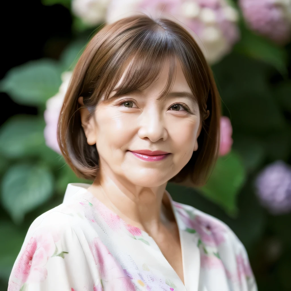 Upper Body　Personal　woman　50 years old　Has bangs　tidy bob hair　Brown Hair　beautiful hair shiny hair　Japan rainy season　short hair　Water droplets on the hair　Heavy Rain　downpour　(It rained and I got wet, Raindrops, Wet body :1.2)　It&#39;s raining outside( sharpen ), (Purelos Face_v1:0.7), (8K, highest quality), Unconscious, Open Eyes, High resolution, original, (Flat Color:0.9),(masterpiece:1,2), highest quality, masterpiece, High resolution, original, Highly detailed wallpaper, Viewer Perspective, alone, Portrait, Mature Woman Body Set, A slight smile, While staring at this,Natural wrinkles, Wrinkles around the eyes, Surreal, Natural Skin, Natural Hair Color, Bright red lips, hydrangeas in bloom