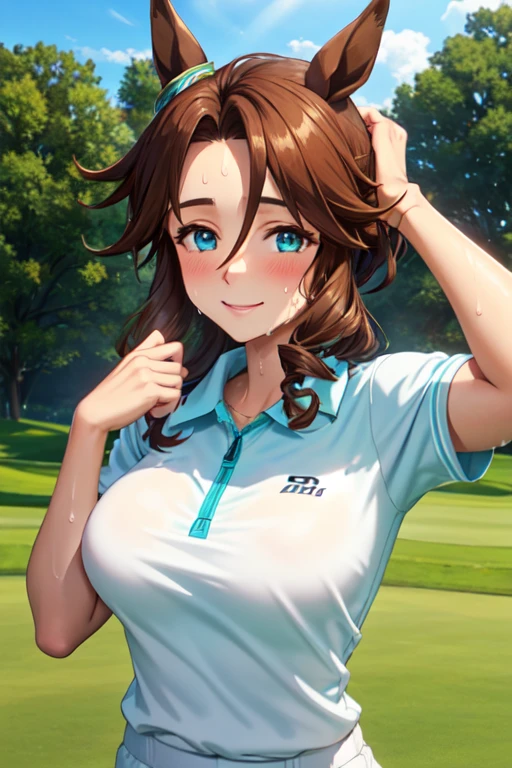 (High quality, High resolution, Fine details), Realistic, Mejiro Palmer \(umamusume\), woman, golf player, garden, green grass,sporty, athletic physique, confident expression, professional golfer, elegant pose, fashionable outfit, sunlight, leaves rustling in the wind, leisurely atmosphere, scenic beauty, summer morning, solo, curvy women, sparkling eyes, (Detailed eyes), (smile), blush, (Sweat), (Oily skin), shallow depth of field