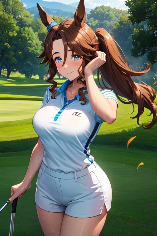 (High quality, High resolution, Fine details), Realistic, Mejiro Palmer \(umamusume\), woman, golf player, garden, green grass,sporty, athletic physique, confident expression, professional golfer, elegant pose, fashionable outfit, sunlight, leaves rustling in the wind, leisurely atmosphere, scenic beauty, summer morning, solo, curvy women, sparkling eyes, (Detailed eyes), (smile), blush, (Sweat), (Oily skin), shallow depth of field