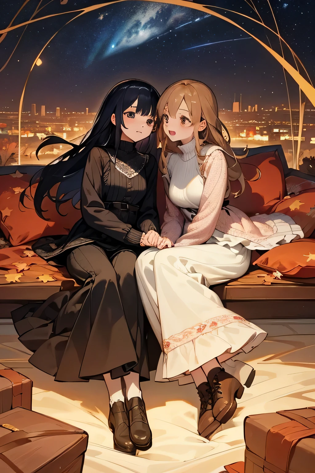 highest quality、High resolution、Detailed Background、Beautiful face in every detail、Anatomically correct、(Draw a normal number of fingers:1.2)、Detailed facial expressions、age beauty、Huge breasts、Perfect body line、cute hair color、cute hairstyle、Romantic and cute atmosphere、cute mood、Cowboy Shot、
(Two beautiful girls enjoying the starry sky spreading out in the autumn night sky:1.5)、
Stargazing on a picnic date、Hold hands with the night sky in the background, search for constellations and enjoy a romantic meal under the starry sky、
Rooftop or rooftop dates、Spend time holding hands and exchanging sweet words and smiles while looking up at the stars together、
Camp Date、Look at the stars and make a wish in the stars while lying down together in a tent、
You can also deepen your distance from each other while searching for constellations and talking about stars、
Take pictures with your partner or friends with the starry sky in the background or point at the stars and take pictures with a smile、
It is a style that combines boots and pumps with a feminine dress decorated with lace and frills、If you choose a dress with an autumn-like color or floral pattern, it will give off a sense of the season and stand out for its cuteness、
It is a style of layering a shirt or cardigan over a t-shirt or turtleneck、
Pair it with sneakers or boots for a casual and stylish look、
It's a style that pairs a loose, oversized knit with skinny pants or leggings、You can create an autumn-like look by choosing boots or loafers for your feet、
It's a bohemian style that combines a maxi skirt or wide pants with a blouse or cardigan、If you show off your personality with flat sandals or boots as an accessory, this style is perfect for fall nights、
It's a casual style that pairs sweatpants or a sweat dress with sneakers or ankle boots、Pair it with a voluminous hairstyle or cap for a trendy and cute impression、
It is a style that incorporates leather jackets and leather skirts、Pair it with a simple top or knit and pair it with boots or sneakers for an edgy style on fall nights、
It is a style that combines a pleated skirt with a simple top or knit、belts and tights、Pair it with ballet shoes and boots to create a cute and moderately mature look、
It is a style of pairing a skirt with an embroidered blouse or jacket、Pair it with loafers and boots for a slightly classic and cute vibe、
It is a style that combines a knitted vest with a long-sleeved top or shirt and a skirt、Pair it with ankle boots or sneakers, or accentuate a scarf or hat for a perfect style for fall nights、cute