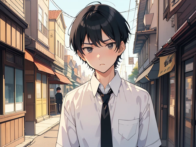 front, outside, ((((boy, men)))),(((taken from the front, 1 boy, white , short hair, black hair, black eyes, high school student, tall, serious face, tie))), (On the way home from school), (Uniform), (Masterpiece), (High resolution), (Top quality), (Super delicate), ((Line drawing manga style)), Wallpaper, Manga style illustration, Painting style, (unique atmosphere), unique world view, unique atmosphere, ((town)), (masterpiece), (high resolution), (highest quality), (super delicate), line drawing manga style, comic style illustration, how to draw, warm outline color, (clear), (obvious)