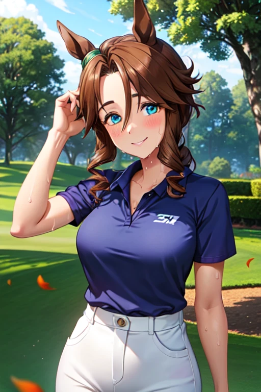 (High quality, High resolution, Fine details), Realistic, Mejiro Palmer \(umamusume\), woman, golf player, garden, green grass,sporty, athletic physique, confident expression, professional golfer, elegant pose, fashionable outfit, sunlight, leaves rustling in the wind, leisurely atmosphere, scenic beauty, summer morning, solo, curvy women, sparkling eyes, (Detailed eyes), (smile), blush, (Sweat), (Oily skin), shallow depth of field