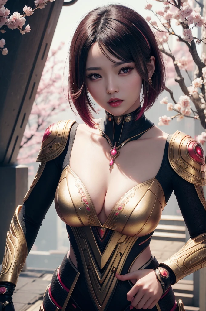 beautiful japanese young woman, wearing cyberpunk suit made of gold, thick symmetrical features, very short hair, background is cherry blossoms, pink aura, red lips, octane render,