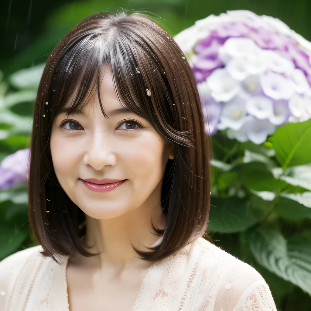Upper Body　Personal　woman　50 years old　Has bangs　tidy bob hair　Straight-haired hair　Straight hair　Brown Hair　beautiful hair shiny hair　Japan rainy season　short hair　Water droplets on the hair　Heavy Rain　downpour　(It rained and I got wet, Raindrops, Wet body :1.2)　It&#39;s raining outside( sharpen ), (Purelos Face_v1:0.7), (8K, highest quality), Unconscious, Open Eyes, High resolution, original, (Flat Color:0.9),(masterpiece:1,2), highest quality, masterpiece, High resolution, original, Highly detailed wallpaper, Viewer Perspective, alone, Portrait, Mature Woman Body Set, A slight smile, While staring at this,Natural wrinkles, Wrinkles around the eyes, Surreal, Natural Skin, Natural Hair Color, Bright red lips, hydrangeas in bloom, it&#39;s raining　