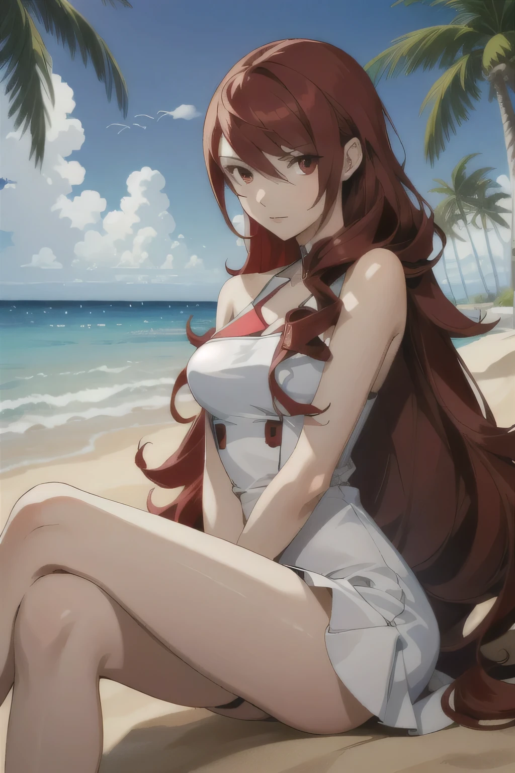 ((masterpiece, best quality))
Persona3Mitsuru, 1girl, solo, long hair, red hair, red eyes, on the sandy beach, minidress, palm trees in the background, sitting cross-legged