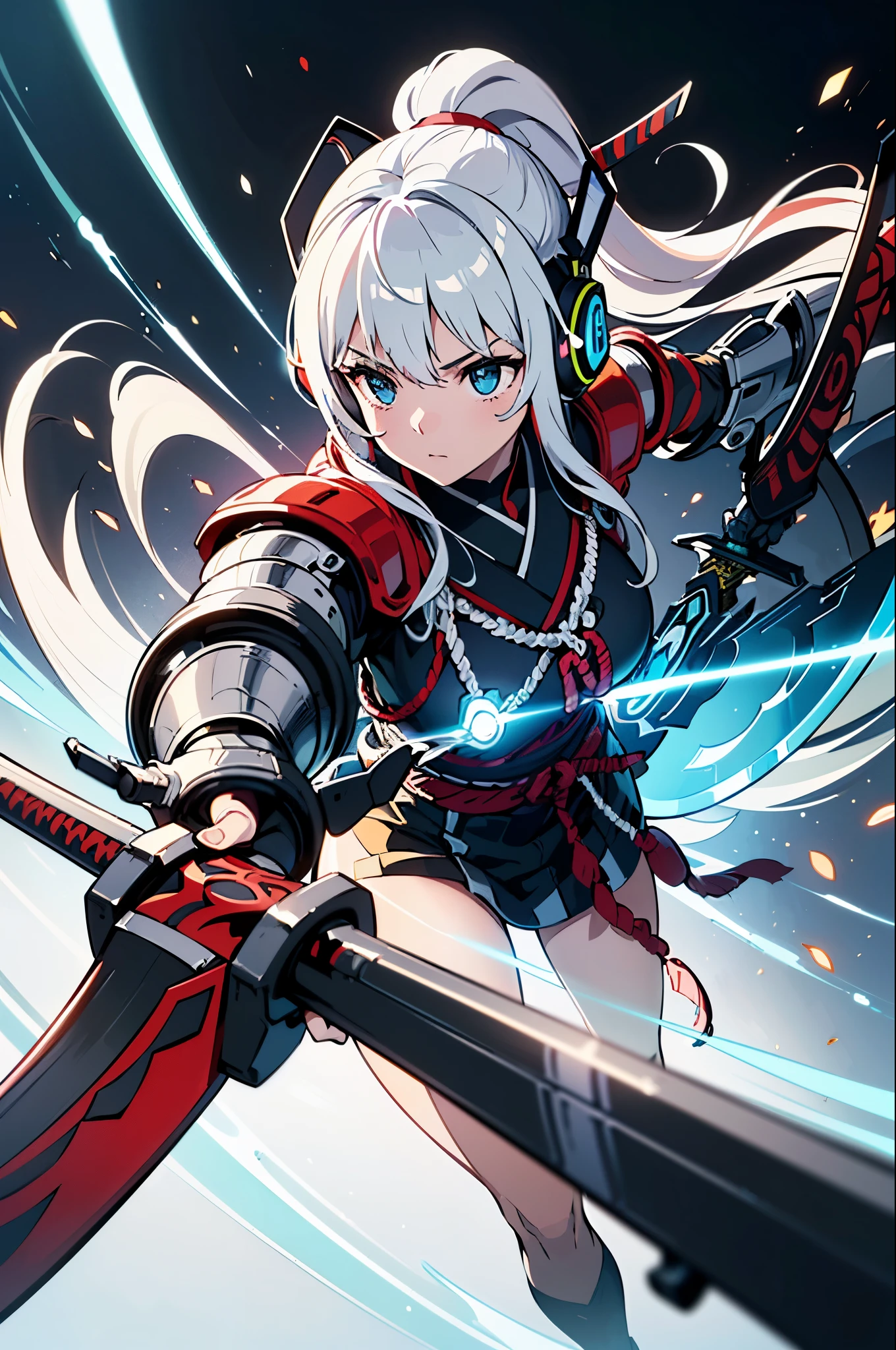 (Dynamic pose:1.2)、Beautiful woman,((extreme close up:1.3))、(((samurai kimono)))、((Cyber Headphones:1.3))、((メカニカルheadgear:1.3))、(((Mechanical Samurai、Machinery Armor))), ((Perfect figure, Beautiful Face, Beautiful Face, Ponytail Hairstyles, Beautiful Skin, Very detailed髪, The finer details)), (((Cinema Lighting, Beautiful lighting effects, Creative Design, Full Body Frame, Divine Aura, hard Harmony , Perfect color change, Perfect contrast balance, Perfect color layers, Perfectly smooth color bleeding, Soft Rendering, smooth color strokes, Optical Lenses, Soft colors, Smooth color blending, Perfect color expression, Harmony, perfect color Harmony, Beautiful colors, soft Harmony, Particles of light, Perfect detail, Intricate details, color prism, The finer details, The finer details))), super high quality, Very detailed,Perfect drawing,alone, beautiful girl, masterpiece, (mecha musume), Machinery Armor, headgear, Mechanical Wing, brandishing a sword、Samurai with a huge gun, Black ponytail, Her hair is tied with a big red ribbon, Equipped with two Japanese swords ((extra large cool samurai_Sword in hand, Huge and cool weapon machine)), Open Stance, Action pose,purgatory , ((highest quality))),8k,((masterpiece)),(Very sophisticated and beautiful)