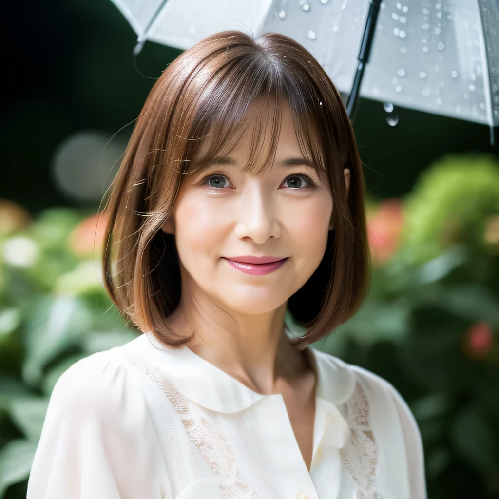 Upper Body Personal woman 50 years old Has bangs tidy bob hair Straight-haired hair Straight hair Brown Hair beautiful hair shiny hair Japan rainy season short hair Water droplets on the hair Heavy Rain downpour (It rained and I got wet, Raindrops, Wet body :1.2) It's raining outside( sharpen ), (Purelos Face_v1:0.7), (8K, highest quality), Unconscious, Open Eyes, High resolution, original, (Flat Color:0.9),(masterpiece:1,2), highest quality, masterpiece, High resolution, original, Highly detailed wallpaper, Viewer Perspective, alone, Portrait, Mature Woman Body Set, A slight smile, While staring at this,Natural wrinkles, Wrinkles around the eyes, Surreal, Natural Skin, Natural Hair Color, Bright red lips, hydrangeas in bloom, it's raining