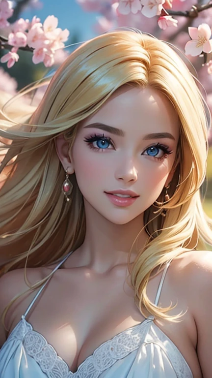 (Best quality,ultra detailed,photorealistic:1.37),bright and rich colors,studio lighting,playful facial expression,stylish makeup,Long blonde hair fluttering in the wind,inviting eyes,glossy lips,sexy pose, cherry blossom, I smile confidently and seductively,posing for a professional photo shoot,shallow depth of field,highlighting the main subject,soft natural lighting,Creating a dreamy and magical atmosphere.