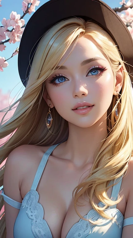 (Best quality,ultra detailed,photorealistic:1.37),bright and rich colors,studio lighting,playful facial expression,stylish makeup,Long blonde hair fluttering in the wind,inviting eyes,glossy lips,sexy pose, cherry blossom, I smile confidently and seductively,posing for a professional photo shoot,shallow depth of field,highlighting the main subject,soft natural lighting,Creating a dreamy and magical atmosphere.