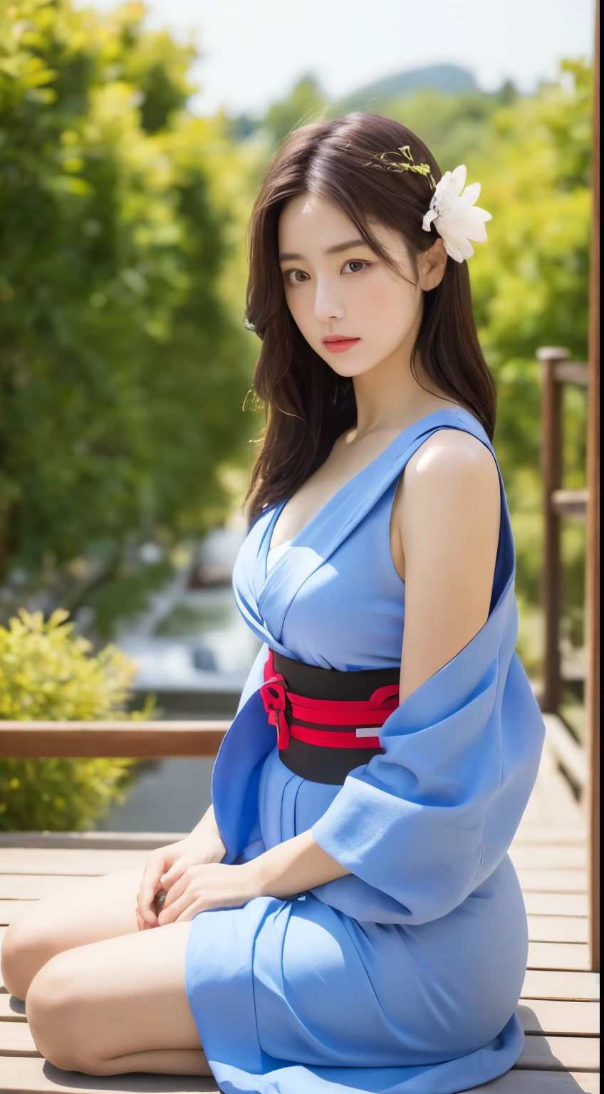 ((masterpiece, highest quality, super definition, high definition)), solo, beautiful sister of Japan, shining eyes, perfect eyes, blue theme, yukata, cleavage, yukata, night view,