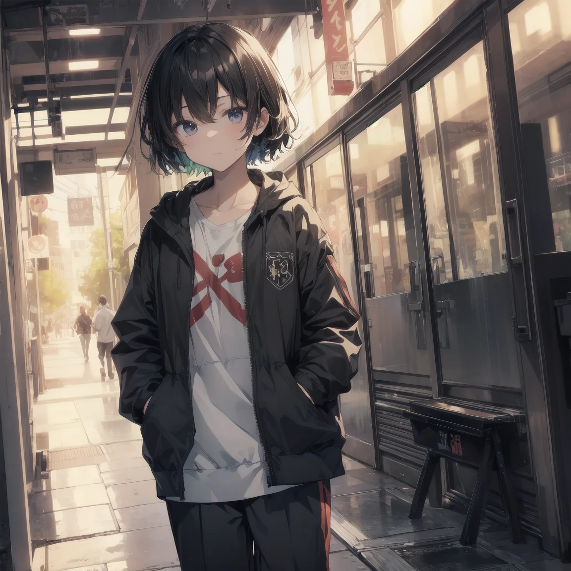 God Quality, Anime Moe Art Style,Best Anime 8K Konachan Wallpaper,Amazing anime 8k,Perfect Anatomy, (Please draw a girl walking sleepily to school.. ),break, One girl, (alone,,,13 years old:1.3),, The charm of androgyny, (Very short hair), Complete limbs, Full Finger,Flat Chest, Small Ass, between legs, Small eyes,Precise black eyes,Disgusted Eyes, , School zone. break,Very detailed,High resolution,Very detailed肌, Professional Lighting,8k eye detail, (cool illustration:1.2),