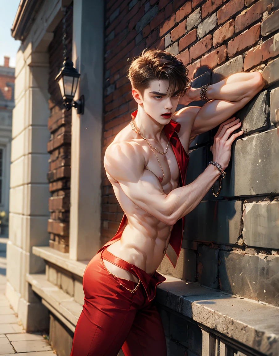 HD quality, high definition, male 18 years old handsome vampire, muscular and slim, red lips, leaning against the bricks, naked exposed crotch penis, model with bracelets, earrings and Necklace, blinfolded, open vest, fully nude and naked body, eyebrowse angry, side view, wearing shoes, vampire