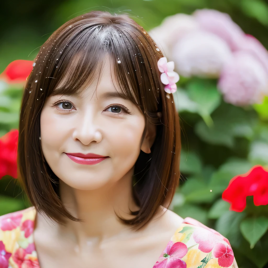 Upper Body Personal woman 50 years old Has bangs Messy short hair Brown Hair Straight-haired hair Straight hair Brown Hair beautiful hair shiny hair Japan rainy season short hair Water droplets on the hair Heavy Rain downpour (It rained and I got wet, Raindrops, Wet body :1.2) It's raining outside( sharpen ), (Purelos Face_v1:0.7), (8K, highest quality), Unconscious, Open Eyes, High resolution, original, (Flat Color:0.9),(masterpiece:1,2), highest quality, masterpiece, High resolution, original, Highly detailed wallpaper, Viewer Perspective, alone, Portrait, Mature Woman Body Set, A slight smile, While staring at this,Natural wrinkles, Wrinkles around the eyes, Surreal, Natural Skin, Natural Hair Color, Bright red lips, hydrangeas in bloom, it's raining Vibrant Background
