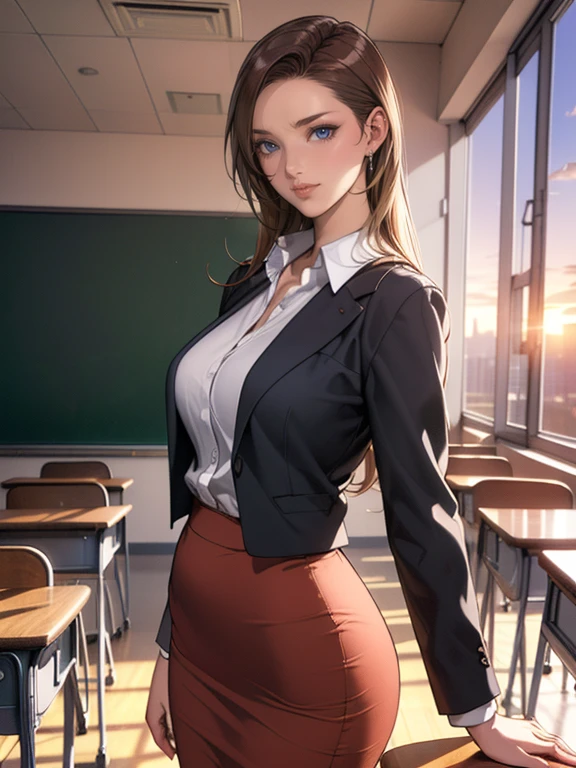 (8k,Photorealistic, masutepiece, Best Quality, Raw photo:1.3)、1woman in, 25years old,Solo,school girl, Long hair, Brown hair, Detailed beautiful face, alluring face, (Detailed beautiful brown eyes:1.2), medium breasts,(loose suit, sheer pencil Skirt :1.35), ( Perfect body skinny beauty: 1.4),( temptation Pose:1.3), (Looking at Viewer, front view,eyes focus:1.2), Detailed background, (sunset:1.2), classroom,fine detailed, intricate detailes, Ray tracing, depth of fields, seductive smile,classroom,