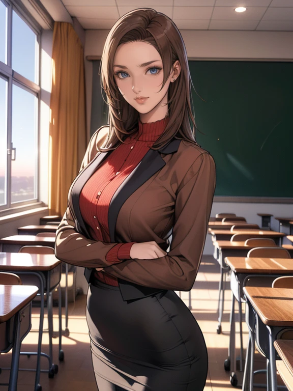 (8k,Photorealistic, masutepiece, Best Quality, Raw photo:1.3)、1woman in, 25years old,Solo,school girl, Long hair, Brown hair, Detailed beautiful face, alluring face, (Detailed beautiful brown eyes:1.2), medium breasts,(loose suit, sheer pencil Skirt :1.35), ( Perfect body skinny beauty: 1.4),( temptation Pose:1.3), (Looking at Viewer, front view,eyes focus:1.2), Detailed background, (sunset:1.2), classroom,fine detailed, intricate detailes,  Ray tracing, depth of fields, seductive smile,classroom,