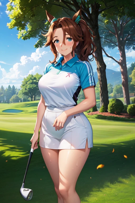 (High quality, High resolution, Fine details), Realistic, Mejiro Palmer \(umamusume\), woman, golf player, garden, green grass,sporty, athletic physique, confident expression, professional golfer, elegant pose, fashionable outfit, sunlight, leaves rustling in the wind, leisurely atmosphere, scenic beauty, summer morning, solo, curvy women, sparkling eyes, (Detailed eyes), (smile), blush, (Sweat), (Oily skin), shallow depth of field