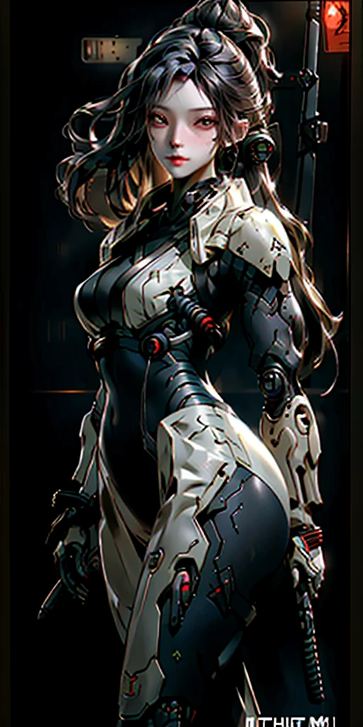 photorealistic, high resolution, soft light,1women, solo, hips up, (detailed face), dark long hair, cybersamurai, cyborg, cyberpunk,  cyber armor, holding weapon,glowing,gun, sniper, on the street