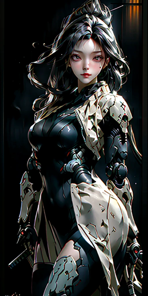 photorealistic, high resolution, soft light,1women, solo, hips up, (detailed face), dark long hair, cybersamurai, cyborg, cyberpunk,  cyber armor, holding weapon,glowing,gun, sniper, on the street