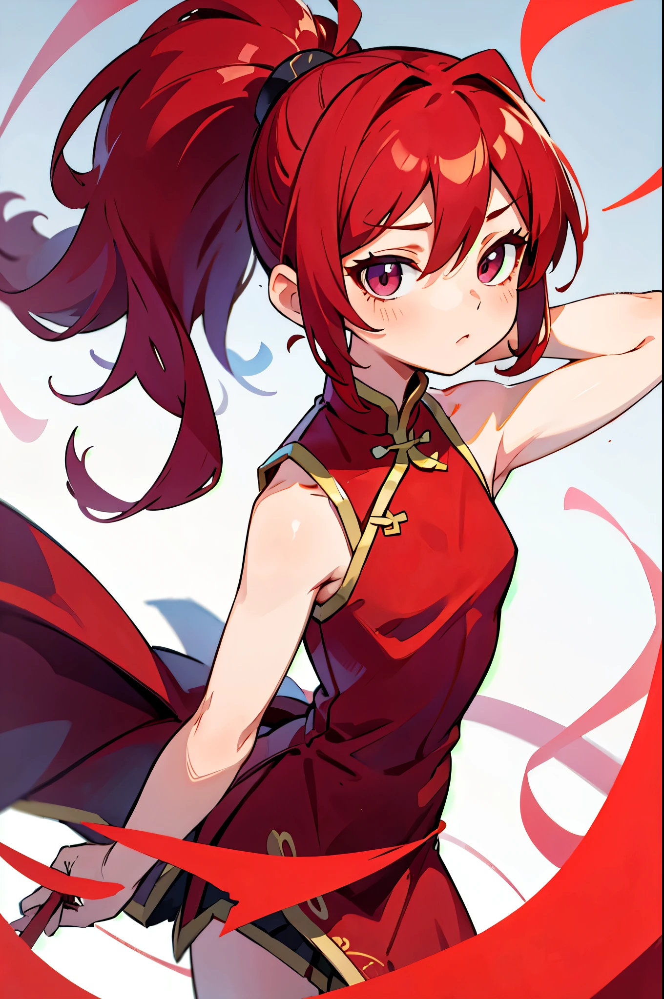 highest quality, masterpiece,China dress、Crimson Hair、Hair between the eyes、ponytail、Brat、Saucy、８age、Small breasts、Dynamic Angle、kicking pose、Curly hair、Ahoge、
