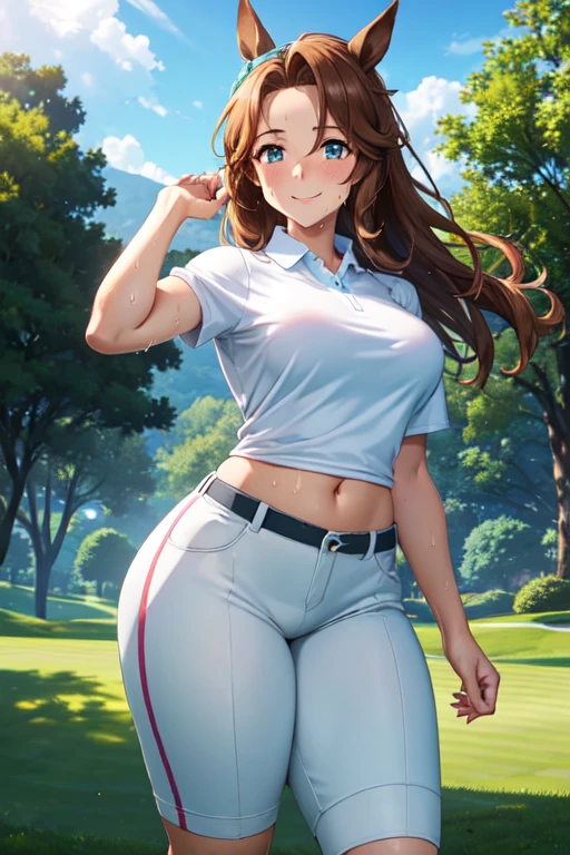 (High quality, High resolution, Fine details), Realistic, Mejiro Palmer \(umamusume\), woman, golf player, garden, green grass,sporty, athletic physique, confident expression, professional golfer, elegant pose, fashionable outfit, sunlight, leaves rustling in the wind, leisurely atmosphere, scenic beauty, summer morning, solo, curvy women, sparkling eyes, (Detailed eyes), (smile), blush, (Sweat), (Oily skin), shallow depth of field