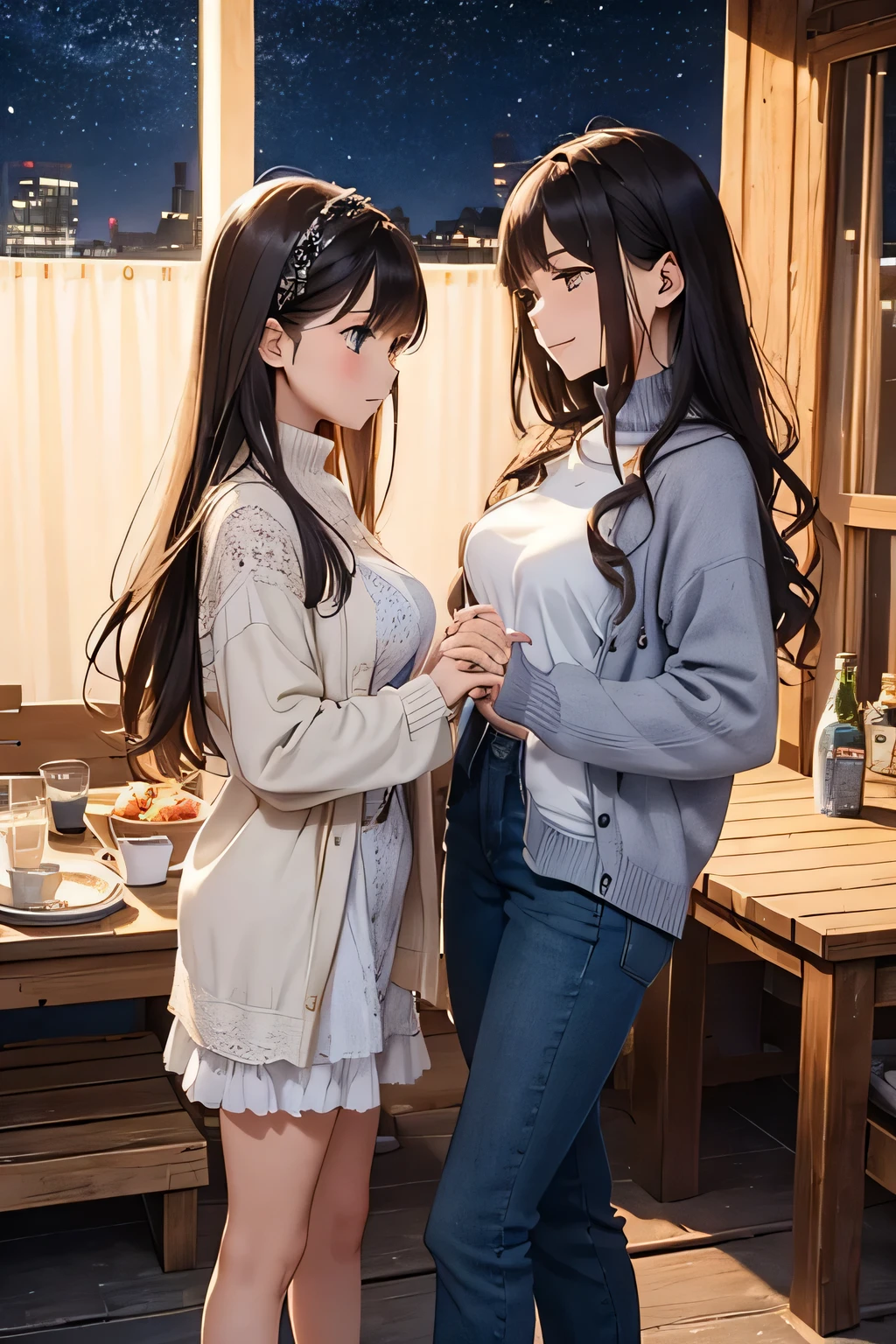 highest quality、High resolution、Detailed Background、Beautiful face in every detail、Anatomically correct、(Draw a normal number of fingers:1.2)、Detailed facial expressions、age beauty、Huge breasts、Perfect body line、cute hair color、cute hairstyle、Romantic and cute atmosphere、cute mood、Cowboy Shot、
Beautiful girl enjoying the starry sky in the autumn night sky、
Stargazing on a picnic date、Hold hands with the night sky in the background, search for constellations and enjoy a romantic meal under the starry sky、
Rooftop or rooftop dates、Spend time holding hands and exchanging sweet words and smiles while looking up at the stars together、
Camp Date、Look at the stars and make a wish in the stars while lying down together in a tent、
You can also deepen your distance from each other while searching for constellations and talking about stars、
Take pictures with your partner or friends with the starry sky in the background or point at the stars and take pictures with a smile、
It is a style that combines boots and pumps with a feminine dress decorated with lace and frills、If you choose a dress with an autumn-like color or floral pattern, it will give off a sense of the season and stand out for its cuteness、
It is a style of layering a shirt or cardigan over a t-shirt or turtleneck、
Pair it with sneakers or boots for a casual and stylish look、
It's a style that pairs a loose, oversized knit with skinny pants or leggings、You can create an autumn-like look by choosing boots or loafers for your feet、
It's a bohemian style that combines a maxi skirt or wide pants with a blouse or cardigan、If you show off your personality with flat sandals or boots as an accessory, this style is perfect for fall nights、
It's a casual style that pairs sweatpants or a sweat dress with sneakers or ankle boots、Pair it with a voluminous hairstyle or cap for a trendy and cute impression、
It is a style that incorporates leather jackets and leather skirts、Pair it with a simple top or knit and pair it with boots or sneakers for an edgy style on fall nights、
It is a style that combines a pleated skirt with a simple top or knit、belts and tights、Pair it with ballet shoes and boots to create a cute and moderately mature look、
It is a style of pairing a skirt with an embroidered blouse or jacket、Pair it with loafers and boots for a slightly classic and cute vibe、
It is a style that combines a knitted vest with a long-sleeved top or shirt and a skirt、Pair it with ankle boots or sneakers, or accentuate a scarf or hat for a perfect style for fall nights、cute