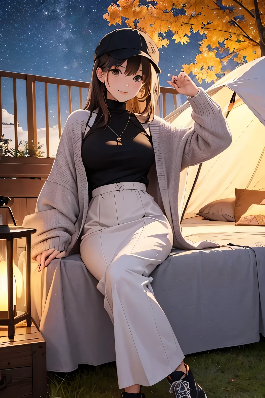 highest quality、High resolution、Detailed Background、Beautiful face in every detail、Anatomically correct、(Draw a normal number of fingers:1.2)、Detailed facial expressions、age beauty、Huge breasts、Perfect body line、cute hair color、cute hairstyle、Romantic and cute atmosphere、cute mood、Cowboy Shot、
Beautiful girl enjoying the starry sky in the autumn night sky、
Stargazing on a picnic date、Hold hands with the night sky in the background, search for constellations and enjoy a romantic meal under the starry sky、
Rooftop or rooftop dates、Spend time holding hands and exchanging sweet words and smiles while looking up at the stars together、
Camp Date、Look at the stars and make a wish in the stars while lying down together in a tent、
You can also deepen your distance from each other while searching for constellations and talking about stars、
Take pictures with your partner or friends with the starry sky in the background or point at the stars and take pictures with a smile、
It is a style that combines boots and pumps with a feminine dress decorated with lace and frills、If you choose a dress with an autumn-like color or floral pattern, it will give off a sense of the season and stand out for its cuteness、
It is a style of layering a shirt or cardigan over a t-shirt or turtleneck、
Pair it with sneakers or boots for a casual and stylish look、
It's a style that pairs a loose, oversized knit with skinny pants or leggings、You can create an autumn-like look by choosing boots or loafers for your feet、
It's a bohemian style that combines a maxi skirt or wide pants with a blouse or cardigan、If you show off your personality with flat sandals or boots as an accessory, this style is perfect for fall nights、
It's a casual style that pairs sweatpants or a sweat dress with sneakers or ankle boots、Pair it with a voluminous hairstyle or cap for a trendy and cute impression、
It is a style that incorporates leather jackets and leather skirts、Pair it with a simple top or knit and pair it with boots or sneakers for an edgy style on fall nights、
It is a style that combines a pleated skirt with a simple top or knit、belts and tights、Pair it with ballet shoes and boots to create a cute and moderately mature look、
It is a style of pairing a skirt with an embroidered blouse or jacket、Pair it with loafers and boots for a slightly classic and cute vibe、
It is a style that combines a knitted vest with a long-sleeved top or shirt and a skirt、Pair it with ankle boots or sneakers, or accentuate a scarf or hat for a perfect style for fall nights、cute