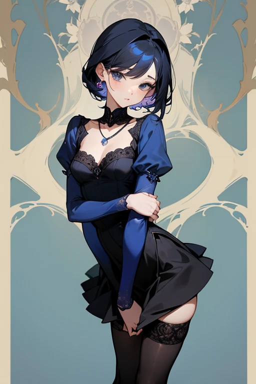最高masterpiece、masterpiece、highest quality、Blue Lace Top、Black tight skirt、elegant、sexy、necklace、Black Stockings、Beautiful woman、cute、Superior、Small breasts、sharp、