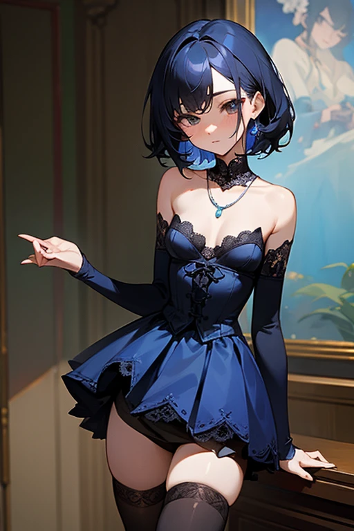 最高masterpiece、masterpiece、highest quality、Blue Lace Top、Black tight skirt、elegant、sexy、necklace、Black Stockings、Beautiful woman、cute、Superior、Small breasts、sharp、