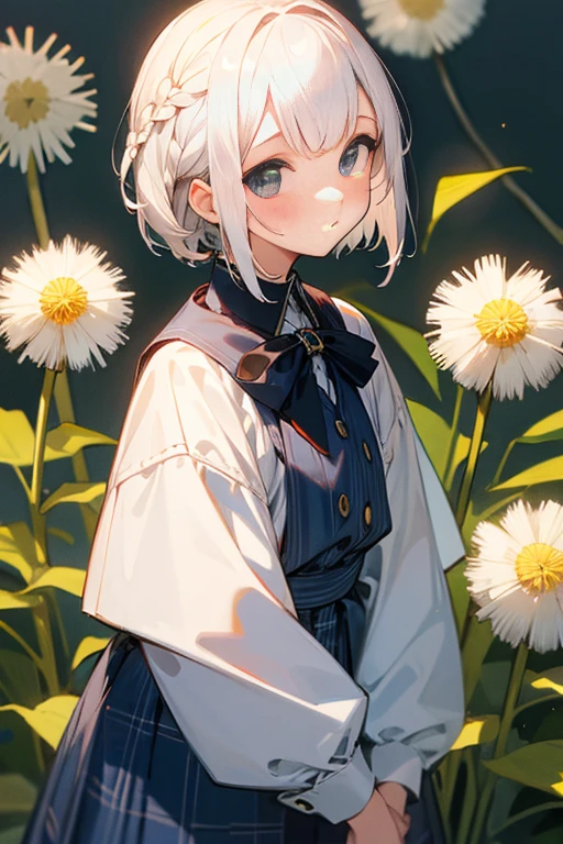 Short white hair, blush, Navy and white checked outfit、Braiding、Dandelion、