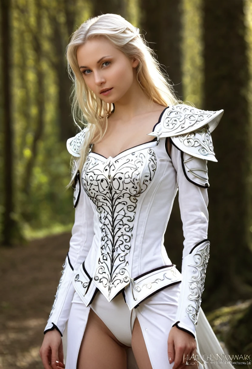 Meisterwerk, a beautiful elf, Adriana Malkova, (delicate filigrane white mediaval armor), (small breasts), (perfect body), (blondes, langes Haar), outside, (Hauttextur:1.1), best quality, ultra high resolution, RAW-Foto, Hintergrundbeleuchtung, Felgenlicht, helles Sonnenlicht, Filmkorn:1.2, (warmer Farbton, warmer Ton:1.2), (Farbfoto), Fantasy, in a black dream world, black forest, in a black forest, amazing depth, black mood in background, shades of black, photography